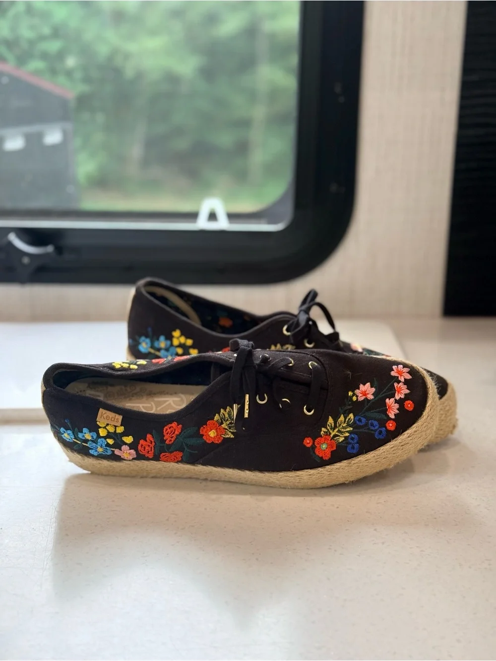 Keds Black Espadrille Sneakers with Multicolor Floral Embroidery